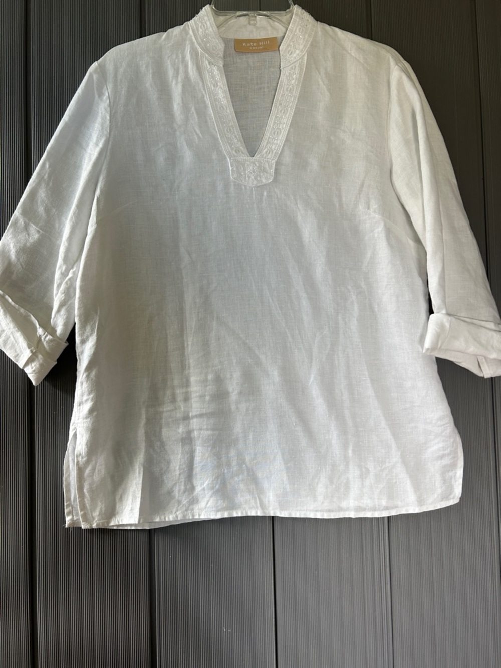 Kate Hill White 100% Linen Embroidered V-Neck Tunic Blouse